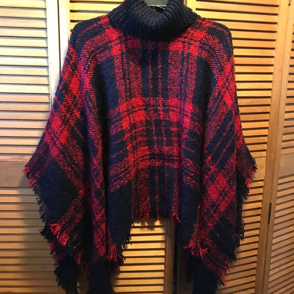 Navy Blue and Red Plaid Turtleneck Poncho - Picture 2 of 12